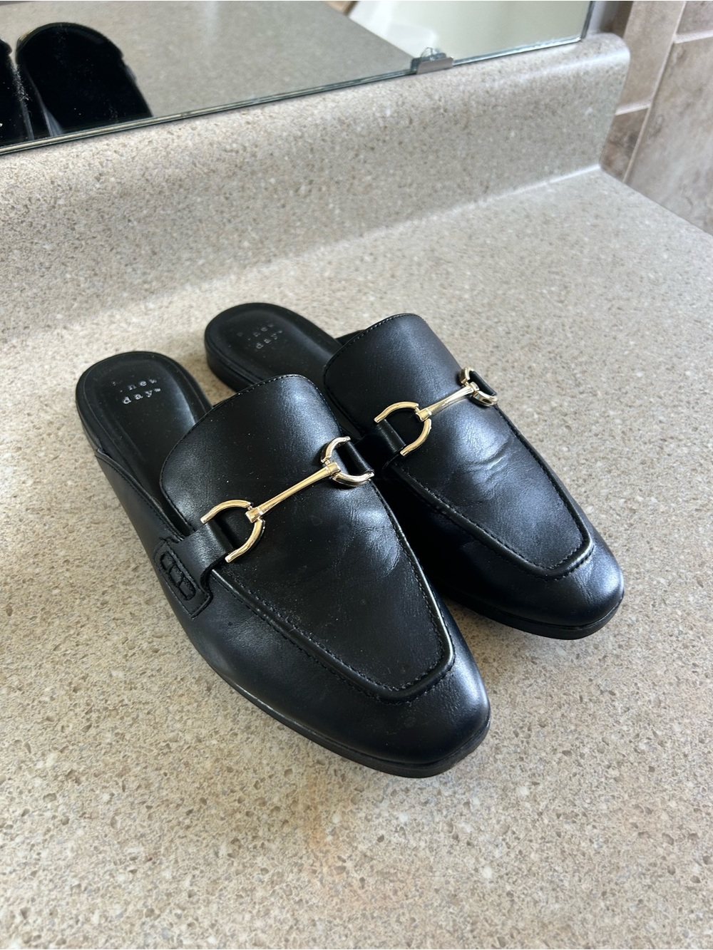 a new day Black Leather Backless Loafers with Gold Horsebit